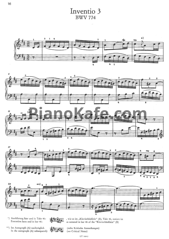 Ноты И. Бах - Инвенция №3 (BWV 774) - PianoKafe.com