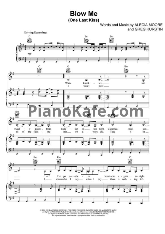 Ноты Pink - Blow me (One last kiss) (Версия 2) - PianoKafe.com