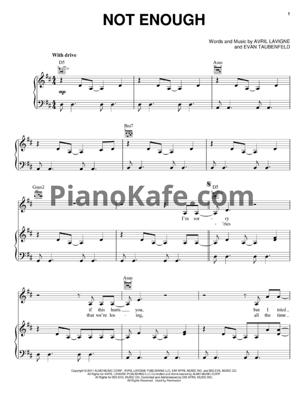 Ноты Avril Lavigne - Not enough - PianoKafe.com