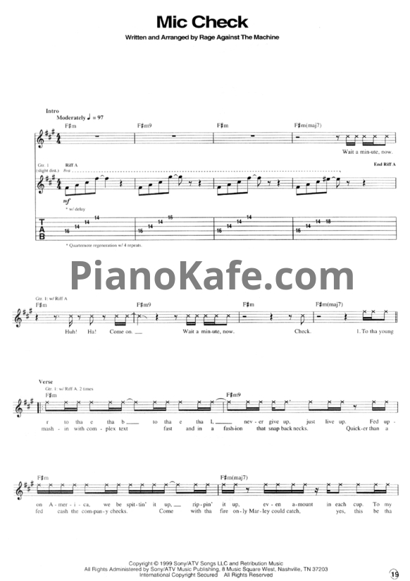 Ноты Rage Against the Machine - Mic check - PianoKafe.com
