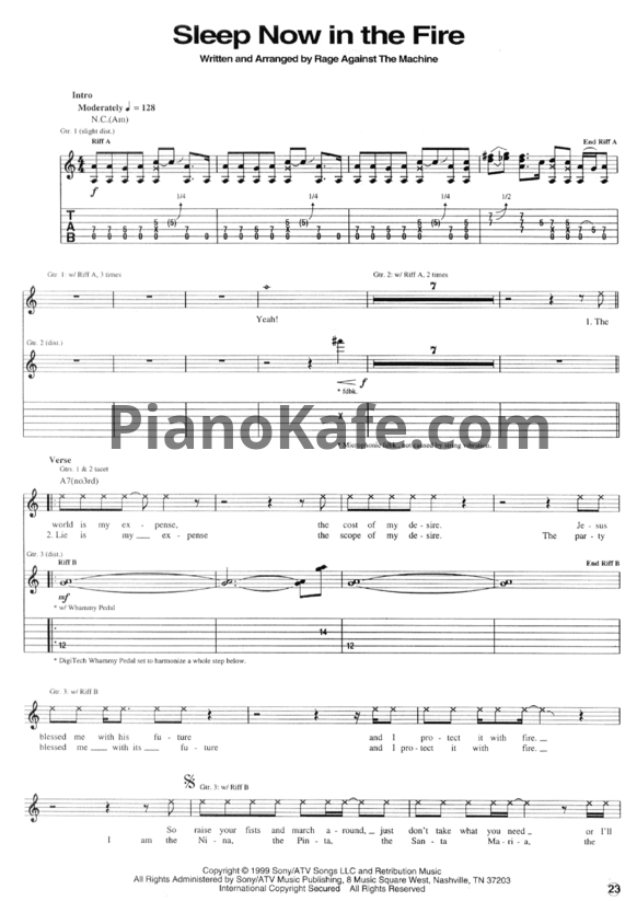 Ноты Rage Against the Machine - Sleep now in the fire - PianoKafe.com
