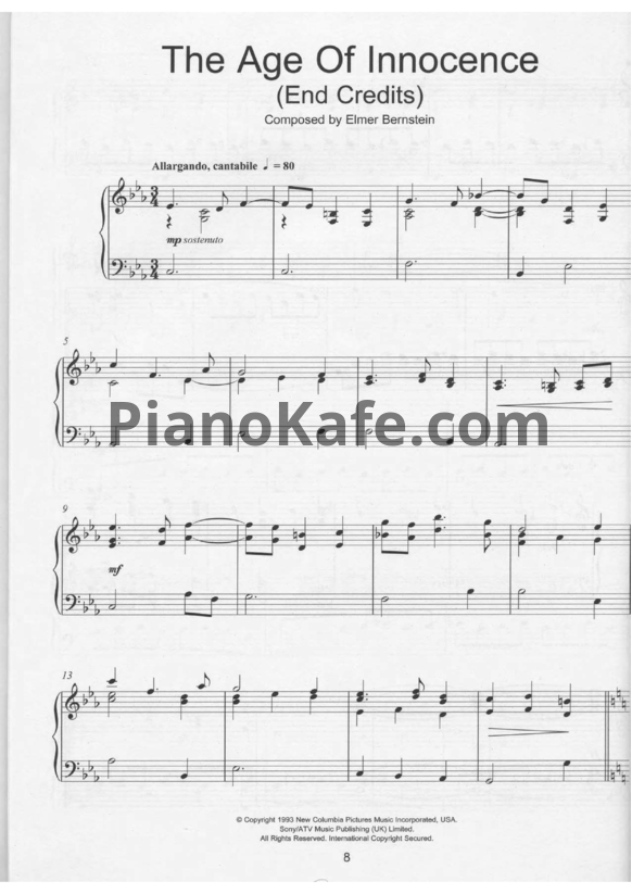 Ноты Elmer Bernstein - The age of innocence (End credits) - PianoKafe.com