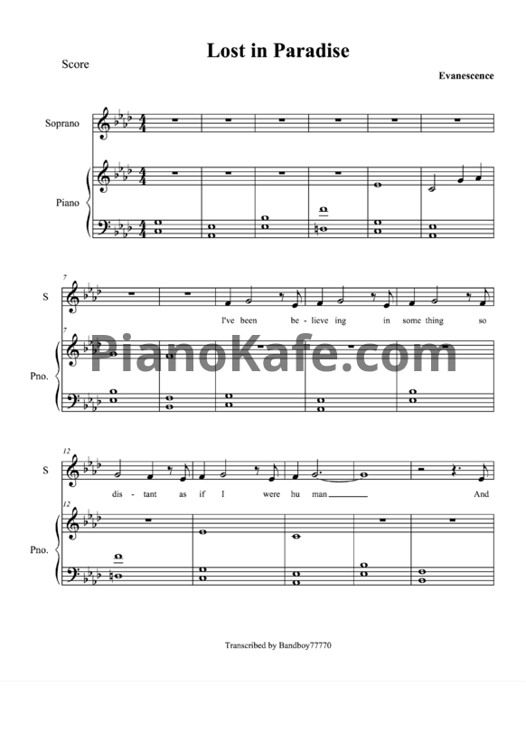 Ноты Evanescence - Lost in paradise - PianoKafe.com