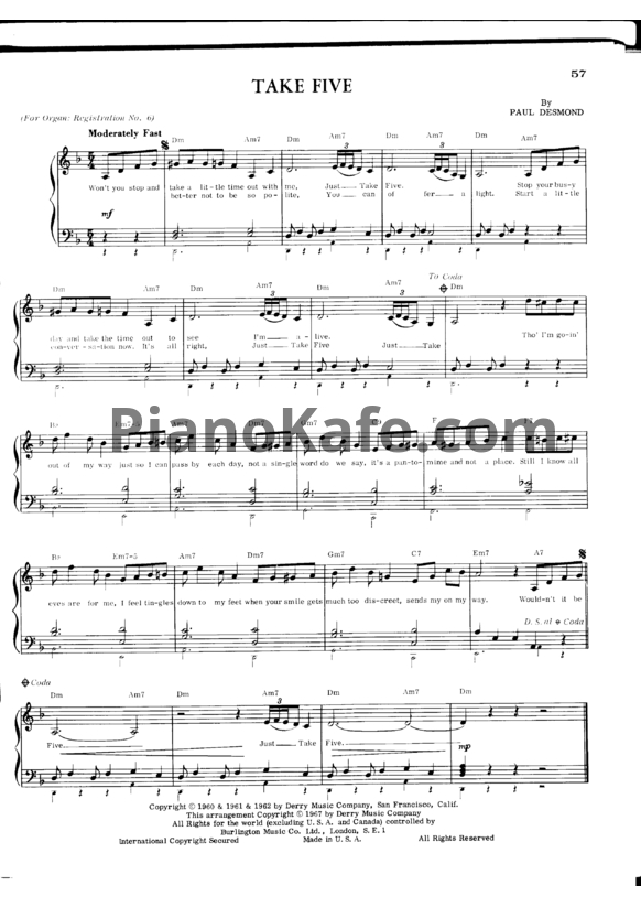 Ноты Paul Desmond - Take five - PianoKafe.com