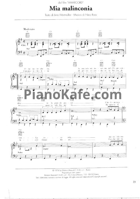 Ноты Nino Rota - Mia malinconia - PianoKafe.com