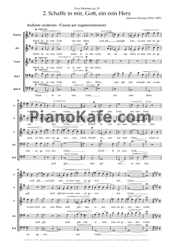 Ноты И. Брамс - Два мотета для пятиголосного смешанного хора a capella: № 2 `Schaffe in mir, Gott, ein rein Herz` (op. 29, № 2) - PianoKafe.com