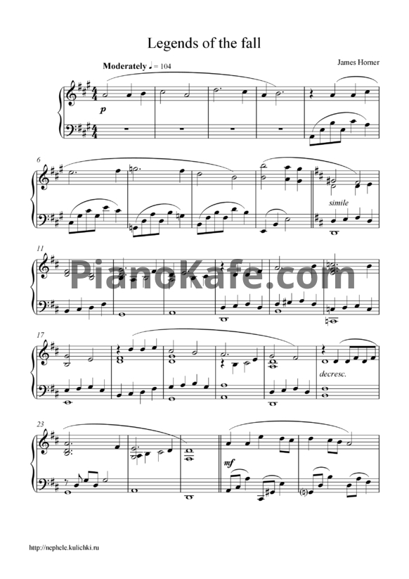 Ноты James Horner - Legends of the fall - PianoKafe.com