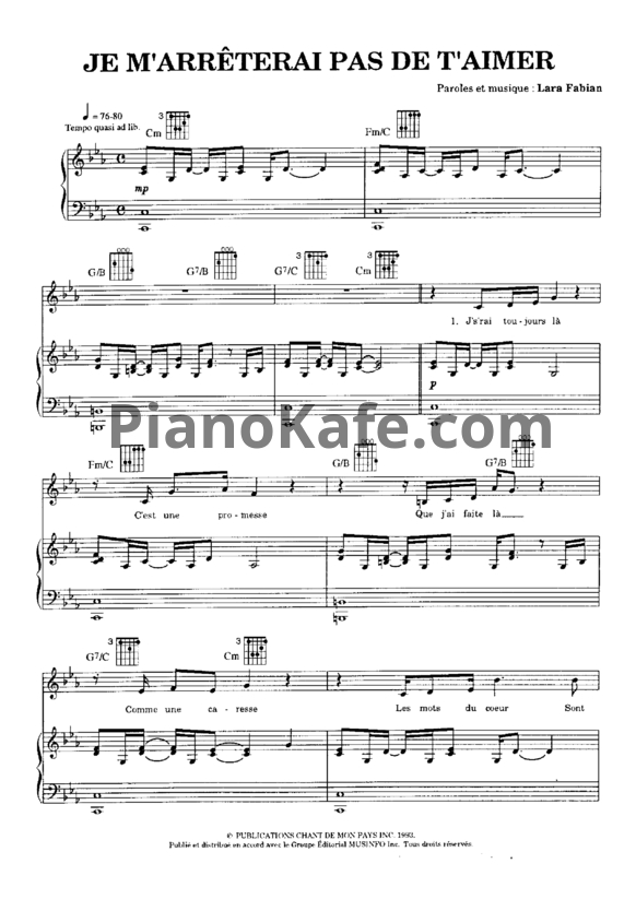 Ноты Lara Fabian - Je m'arreterai pas de t'aimer - PianoKafe.com