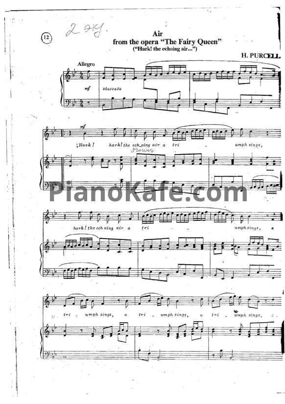 Ноты Генри Пёрселл - Ария "Hark! the echoing" (Клавир) - PianoKafe.com