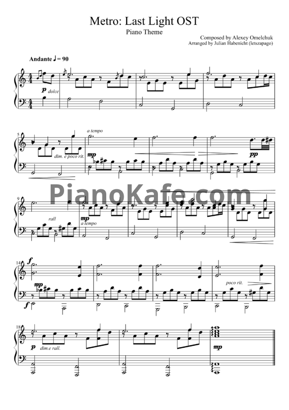 Ноты Алексей Омельчук - Metro: Last light piano theme - PianoKafe.com