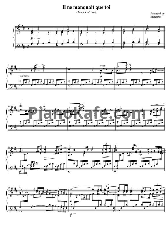 Ноты Lara Fabian - Il Ne Manquait Que Toi - PianoKafe.com