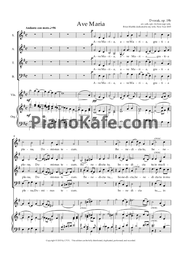 Ноты А. Дворжак - Ave Maria (Op. 19b, Хоровая партитура в сопровождении скрипки и органа) - PianoKafe.com