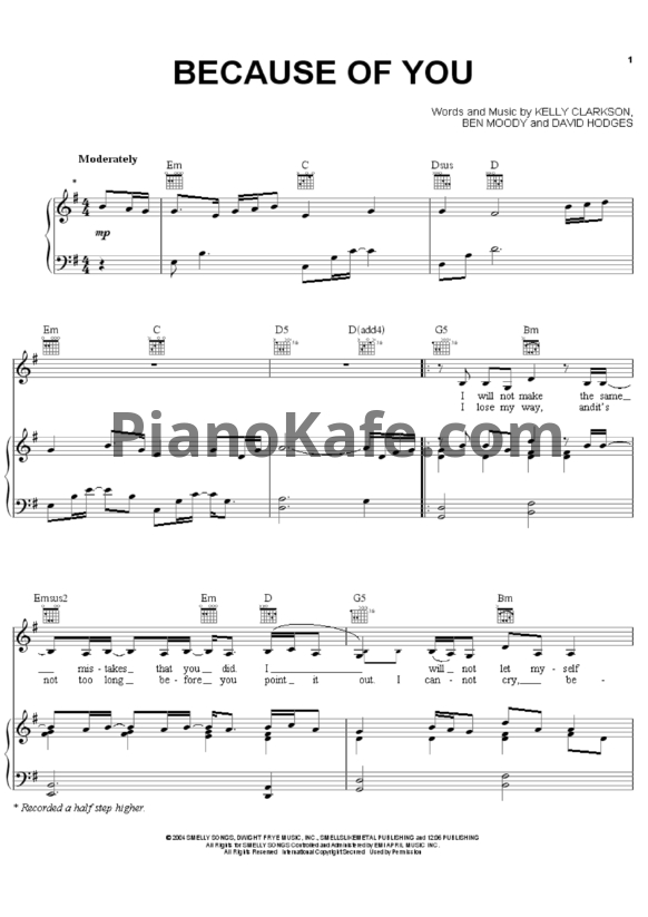 Ноты Kelly Clarkson - Because of you - PianoKafe.com