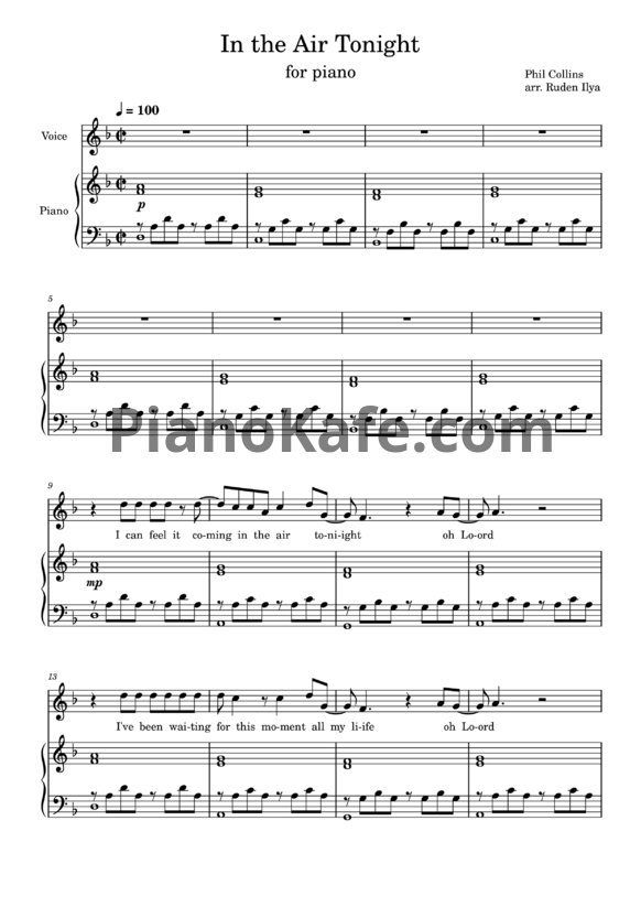 Ноты Phil Collins - In the air tonight (arr. Ruden Ilya) - PianoKafe.com