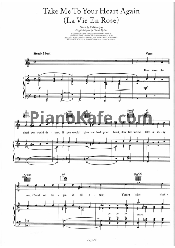 Ноты Marlene Dietrich - La vie en rose (Take me to your heart again) - PianoKafe.com