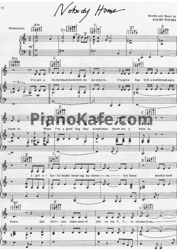 Ноты Pink Floyd - Nobody home - PianoKafe.com