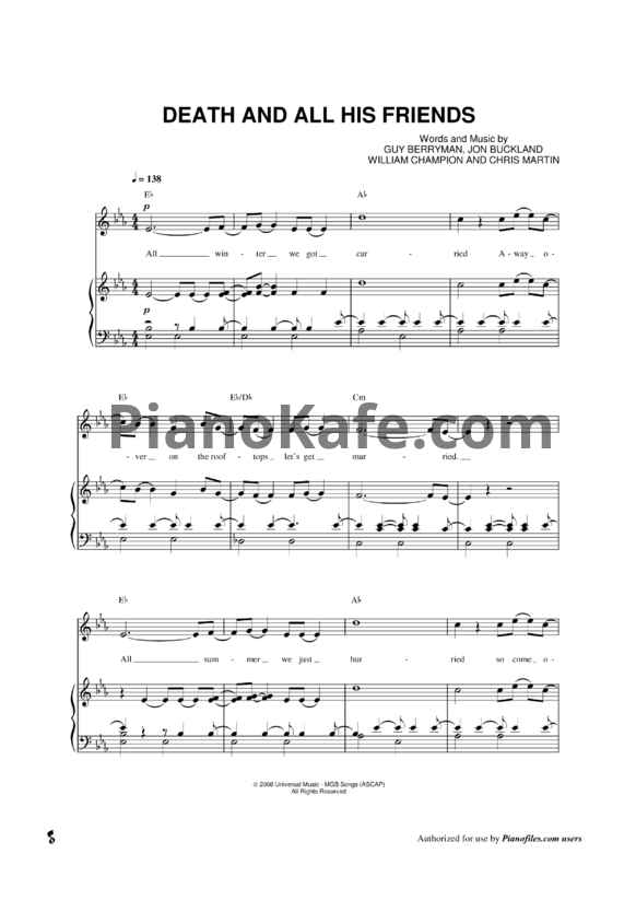 Ноты Coldplay - Death and all his friends - PianoKafe.com