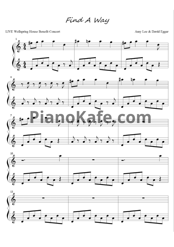 Ноты Amy Lee feat. Dave Eggar - Find a way - PianoKafe.com