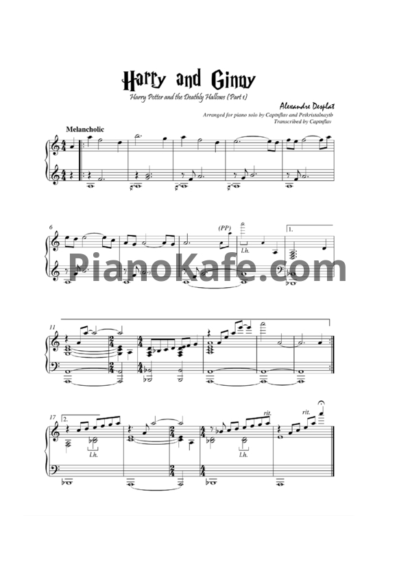 Ноты Alexandre Desplat - Harry and Ginny - PianoKafe.com