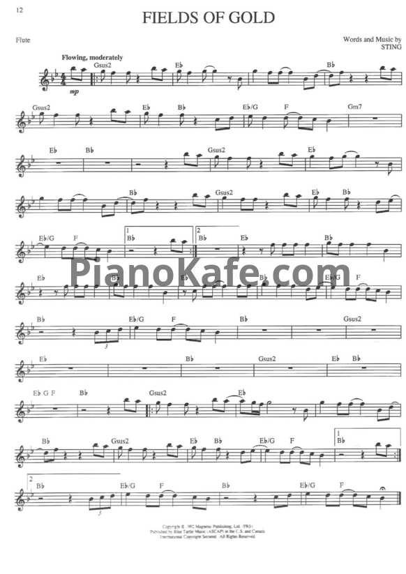 Ноты Sting - Fields of gold (Переложение для флейты) - PianoKafe.com