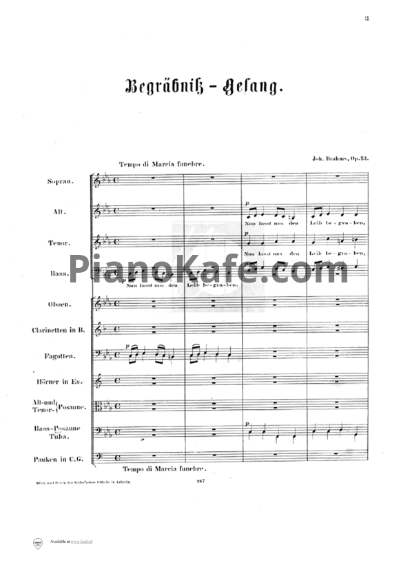 Ноты И. Брамс - `Погребальная песнь` (`Begräbnissgesang`) для смешанного хора и духовых инструментов (Op. 13) - PianoKafe.com