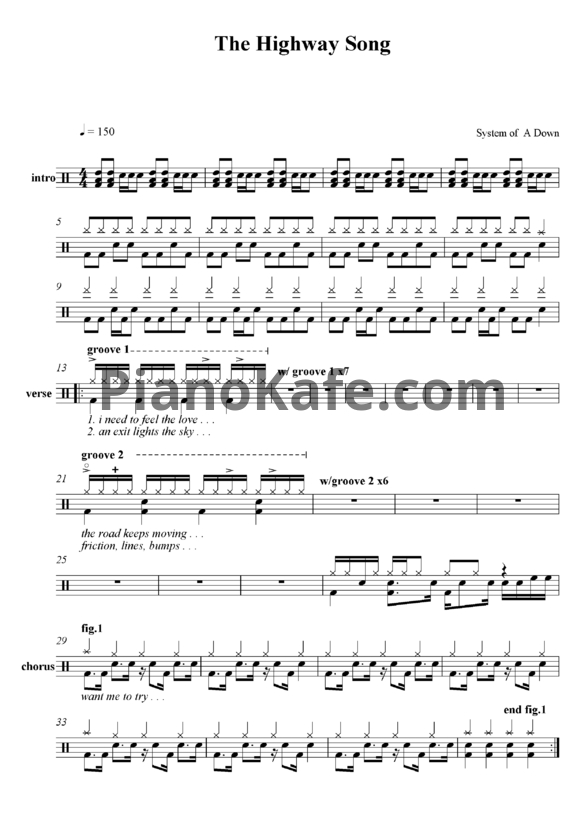 Ноты System of a Down - The highway song - PianoKafe.com