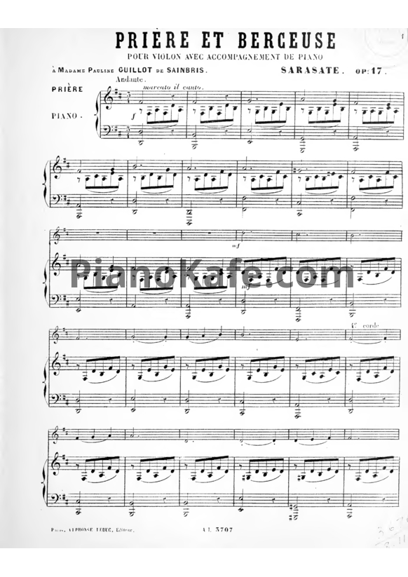 Ноты Пабло де Сарасате - Молитва и колыбельная (Priére et Berceuse) (Соч. 17) - PianoKafe.com