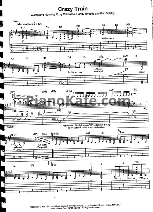 Ноты Ozzy Osbourne - Crazy train (Guitar Tabs & Voice) - PianoKafe.com