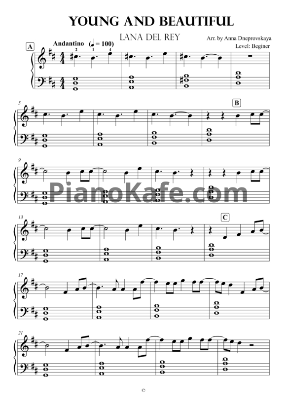 Ноты Lana Del Rey - Young and beautiful (Arr. by Anna Dneprovskaya) - PianoKafe.com