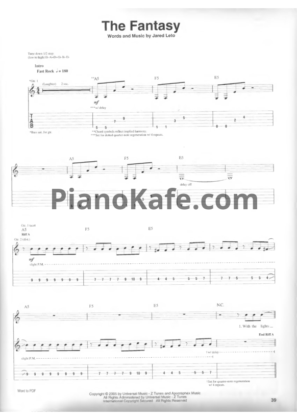 Ноты 30 Seconds To Mars - The Fantasy - PianoKafe.com