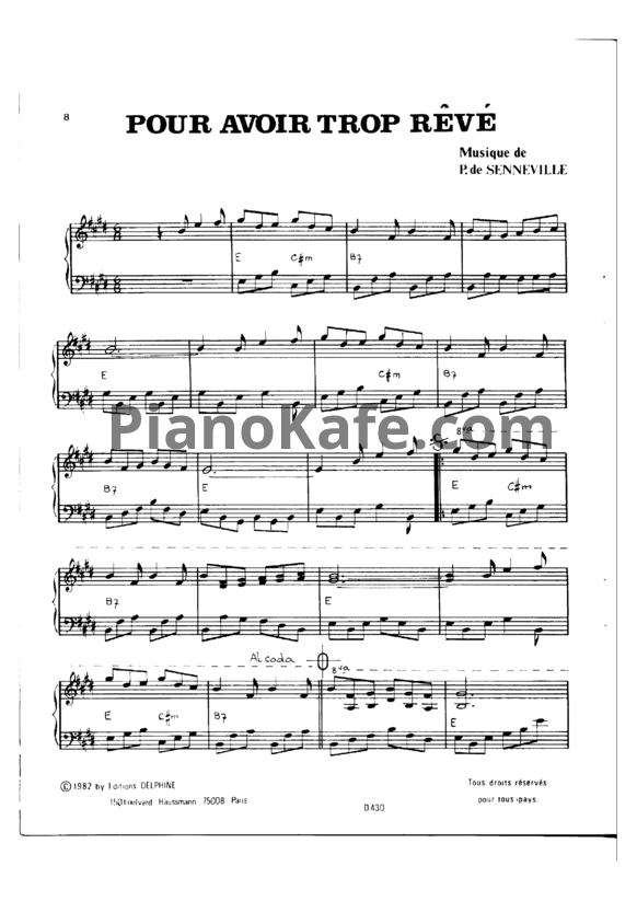 Ноты Paul de Senneville - Pour avoir trop reve - PianoKafe.com