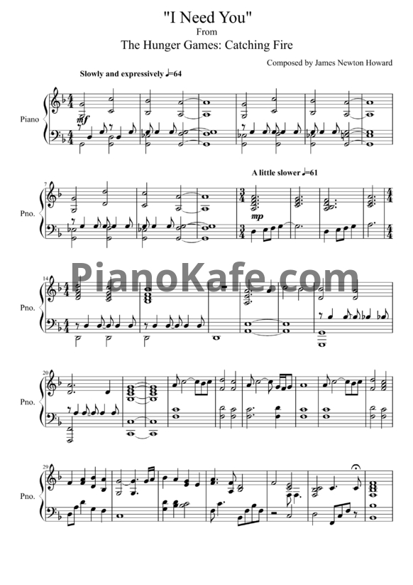 Ноты James Newton Howard - I need you - PianoKafe.com