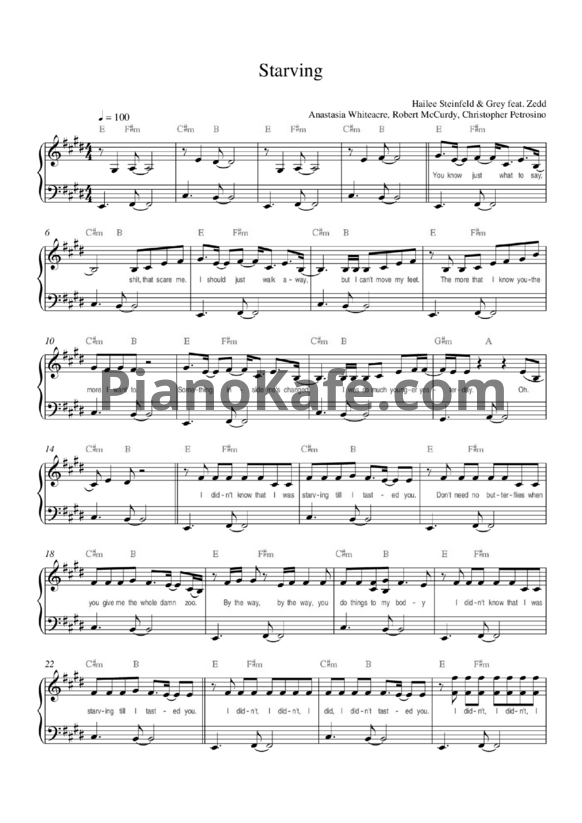 Ноты Hailee Steinfeld, Grey feat. Zedd - Starving (Piano cover) - PianoKafe.com
