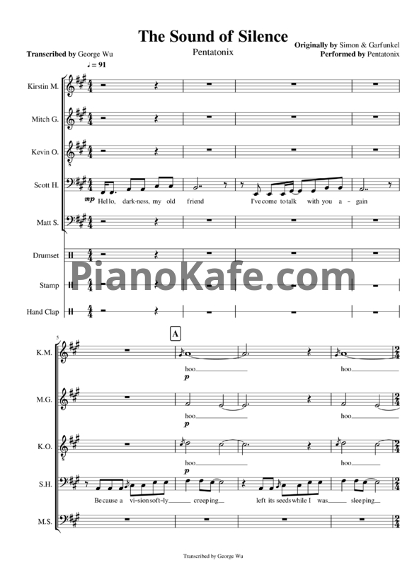 Ноты Pentatonix - The sound of silence (Хоровая партитура) - PianoKafe.com