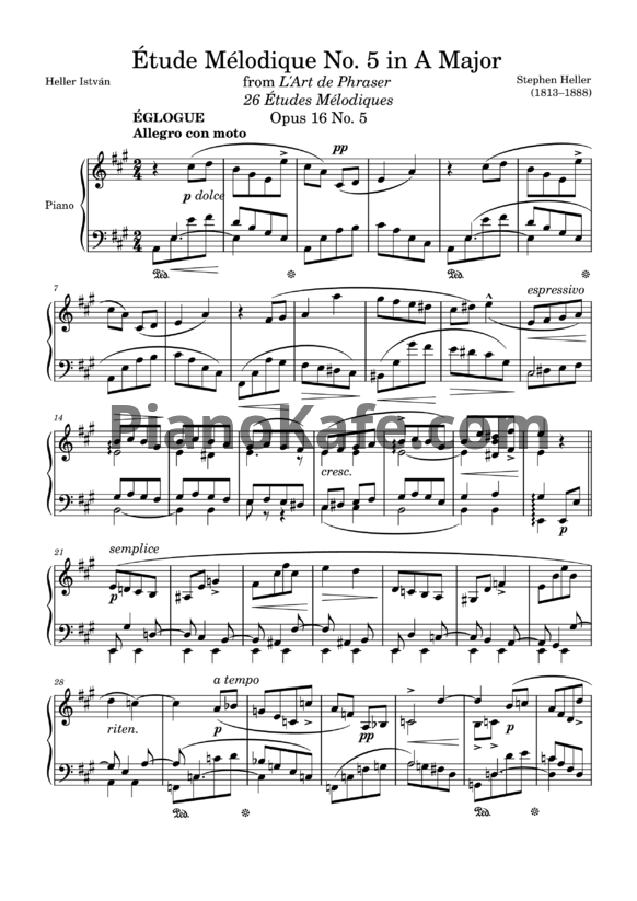 Ноты Стефан Хеллер - Мелодический этюд (Op. 16, №5) ля мажор - PianoKafe.com
