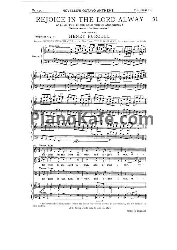 Ноты Генри Пёрселл - Антем-антифон "Rejoice in the Lord always" (Z 49) - PianoKafe.com