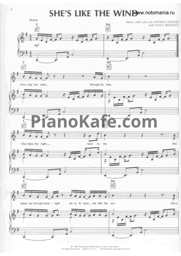 Ноты Patrick Swayze ft. Wendy Fraser - She's like the wind - PianoKafe.com
