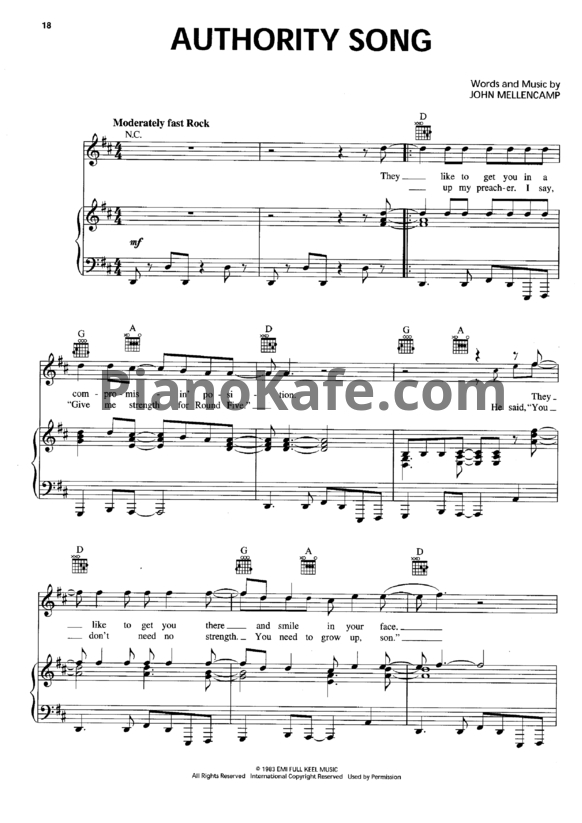 Ноты John Mellencamp - Authority song - PianoKafe.com