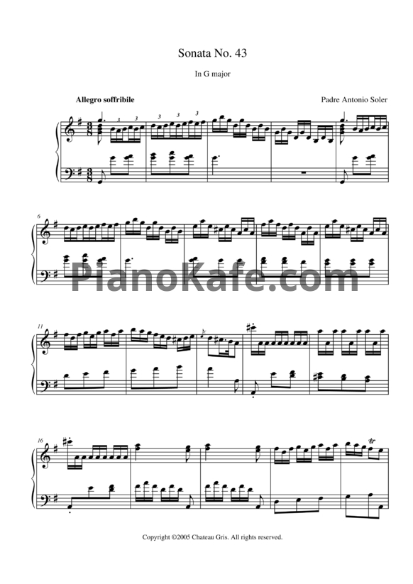 Ноты Antonio Soler - Sonata No. 43 in G major - PianoKafe.com