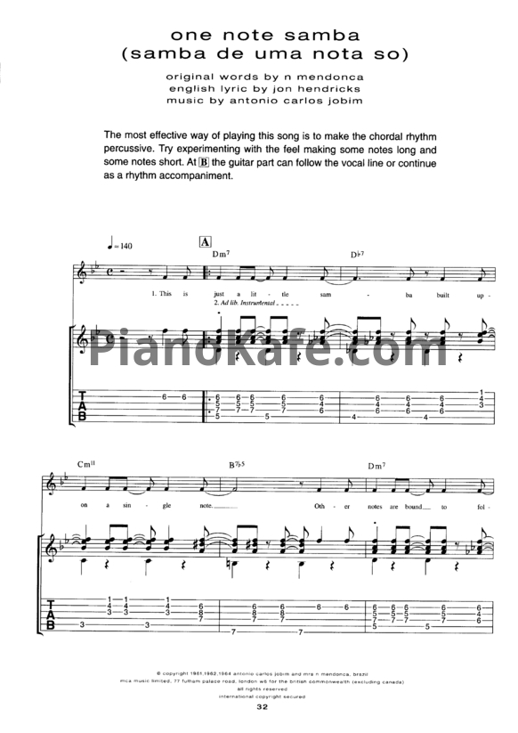 Ноты Antonio Carlos Jobim - One note samba (Voice and Guitar tabs) - PianoKafe.com