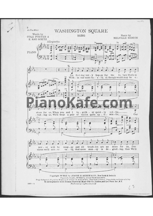 Ноты Cole Porter - Washington square - PianoKafe.com