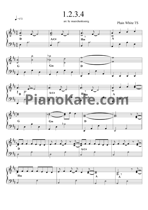 Ноты Plain White T's - 1, 2, 3, 4 - PianoKafe.com