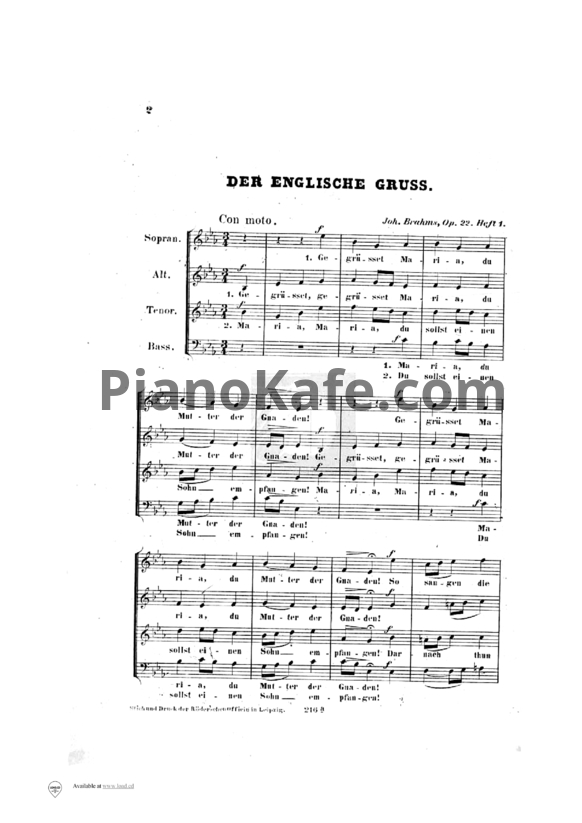 Ноты И. Брамс - `Песни Марии` для смешанного хора a capella (Op. 22) - PianoKafe.com