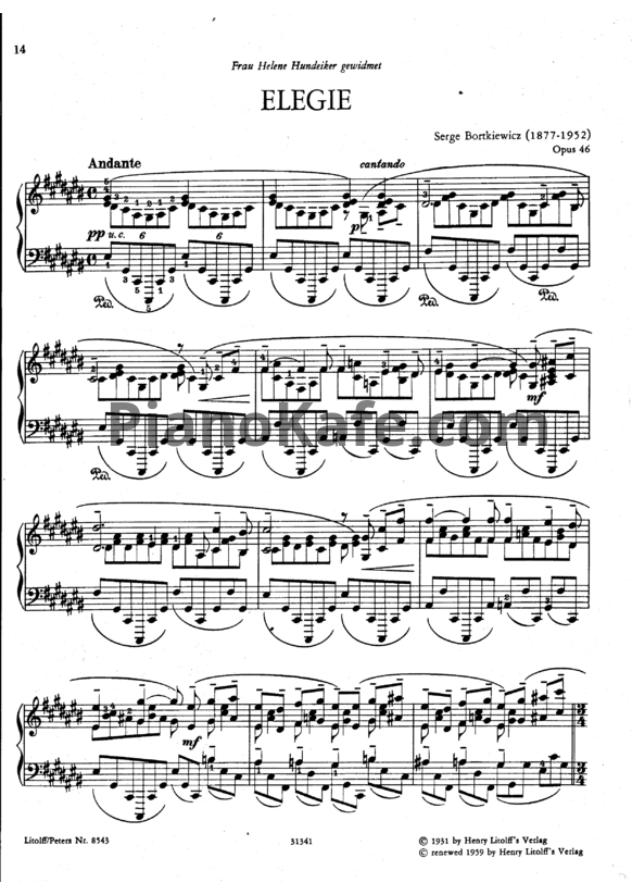 Ноты С. Борткевич - Элегия (Op. 46) - PianoKafe.com