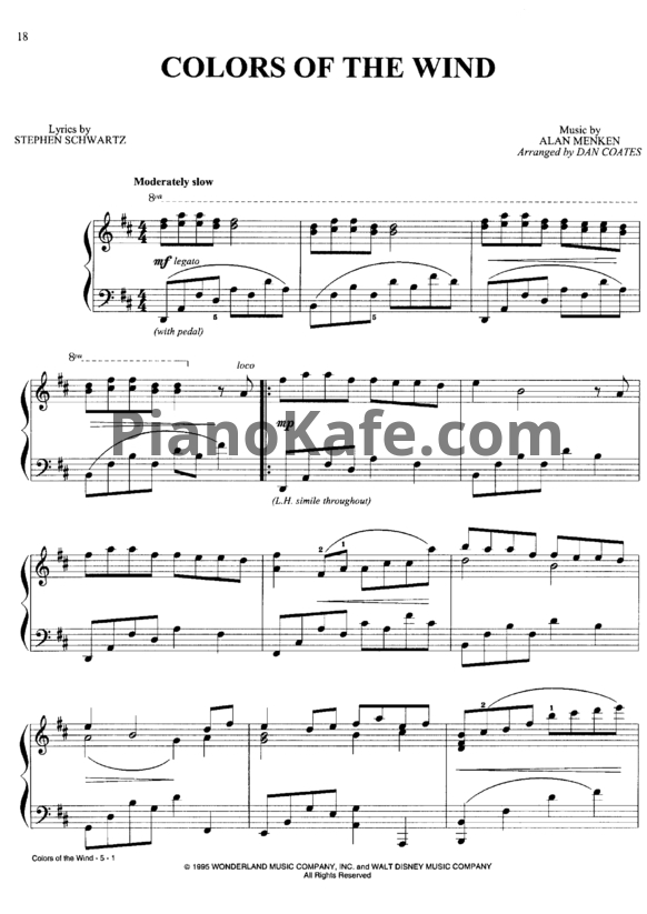 Ноты Alan Menken - Colors of the wind - PianoKafe.com