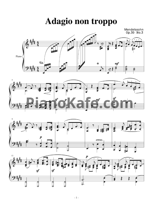 Ноты Феликс Мендельсон  - Adagio non troppo (Op. 3, No.3 in E) - PianoKafe.com