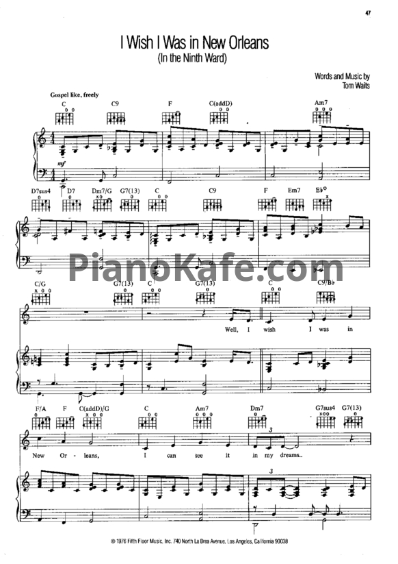 Ноты Tom Waits - I wish I was in New Orleans (In the ninth ward) - PianoKafe.com