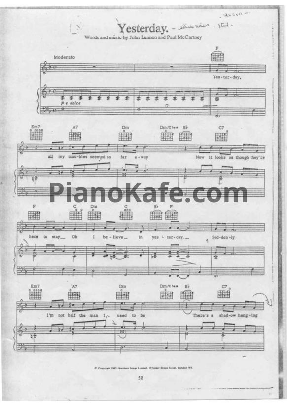 Ноты The Beatles - Yesterday (Версия 4) - PianoKafe.com