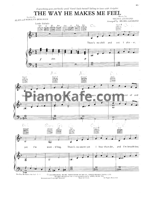 Ноты Barbra Streisand - The way he makes me feel (arr. by Michel Legrand) - PianoKafe.com