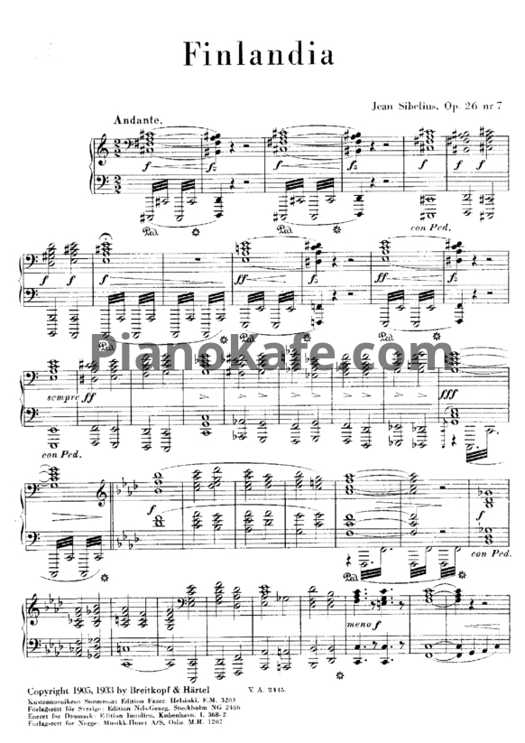 Ноты Ян Сибелиус - Симфоническая поэма "Финляндия" (Op. 26, клавир) - PianoKafe.com